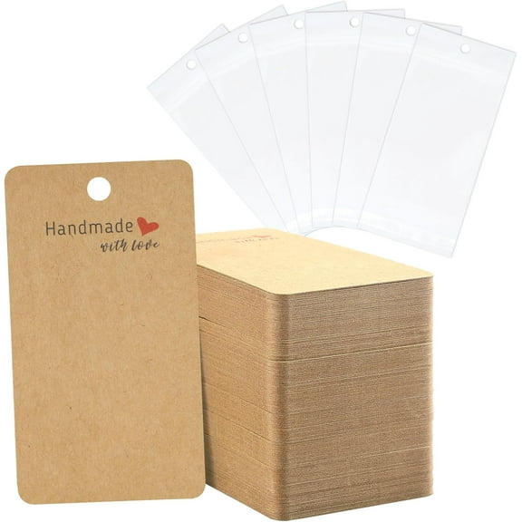 100Pcs Earring Display Cards with Bags, 2x3.5 inch Earring Display Holder Cards, Brown Handmade with Love Earring Tags for Selling, Hanging Earring, DIY Jewelry Crafts, Retail