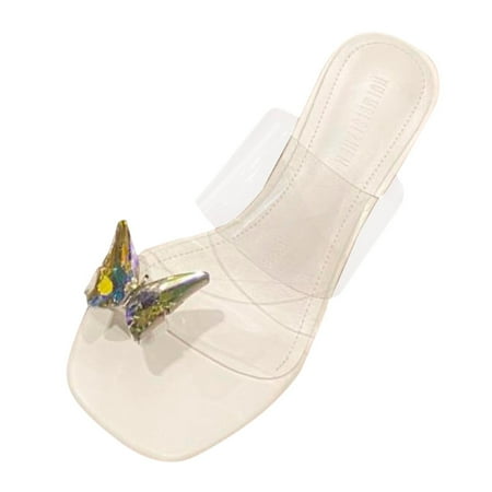 

Fashion Jelly Slippers Shoes Transparent Square Heels Butterfly High Heel Flip Flops Women