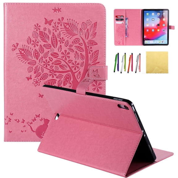 iPad Pro 11 2018 Case, Allytech Embossed Cat & Tree PU Leather Stand Folio Wallet Case Cover with Credit Card Slots for New Apple iPad Pro 11 2018, Pink