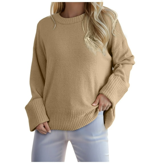 PMVFHDE Women Oversized Sweater Crewneck Long Sleeve Oversized Fuzzy Knit Cozy Sweaters For Women Warm Pullover Top Khaki,XL