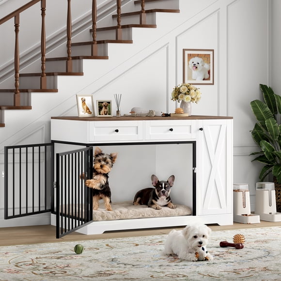 Homfa Dog Crate with Storage Cabinet and 2 Drawers, Indoor Furniture Style Wooden Large Dog Kennel, White