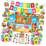 SKYSONIC Beach Themed Party Decorations - Hawaiian Luau Birthday Supplies with Banner Backdrop, Cake Toppers, Balloons for Tropical Summer Pool Party