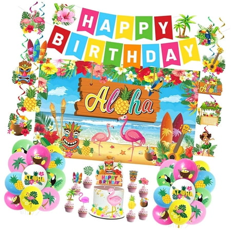 SKYSONIC Beach Themed Party Decorations - Hawaiian Luau Birthday Supplies with Banner Backdrop, Cake Toppers, Balloons for Tropical Summer Pool Party