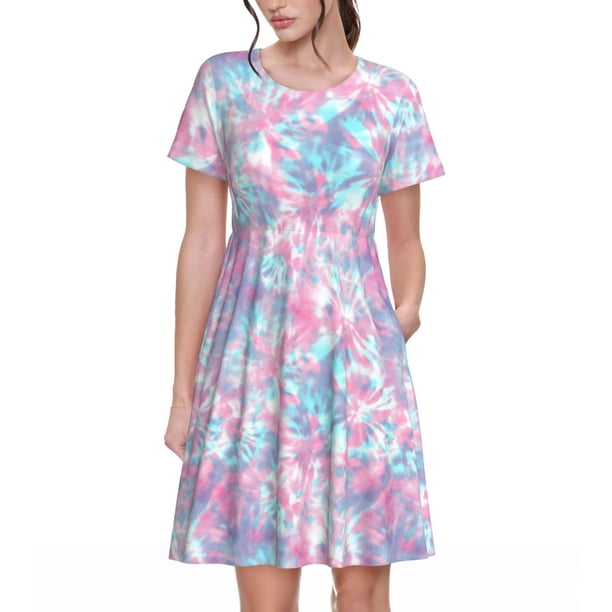 Balery Tie Dye Vestidos sueltos de manga corta para mujer, vestidos de verano 2025, vestidos casuales de corte A con vuelo.