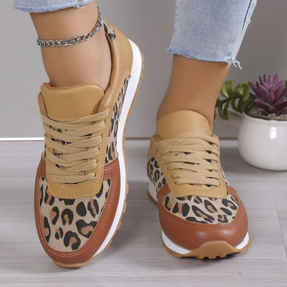 Hoshose Womens Platform Sneakers PU Leather Shoes Leopard Print & Lace-Up Design Running/Casual Shoes Plus Size
