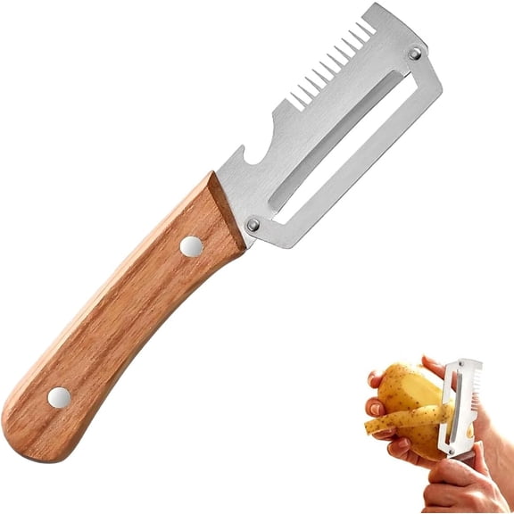Fountwell 3-in-1 Multi-Functional Vegetable Peeler – Wooden Handle with Bottle Opener, Kitchen Gadget for Fruit, Pumpkin, Potato, Carrot