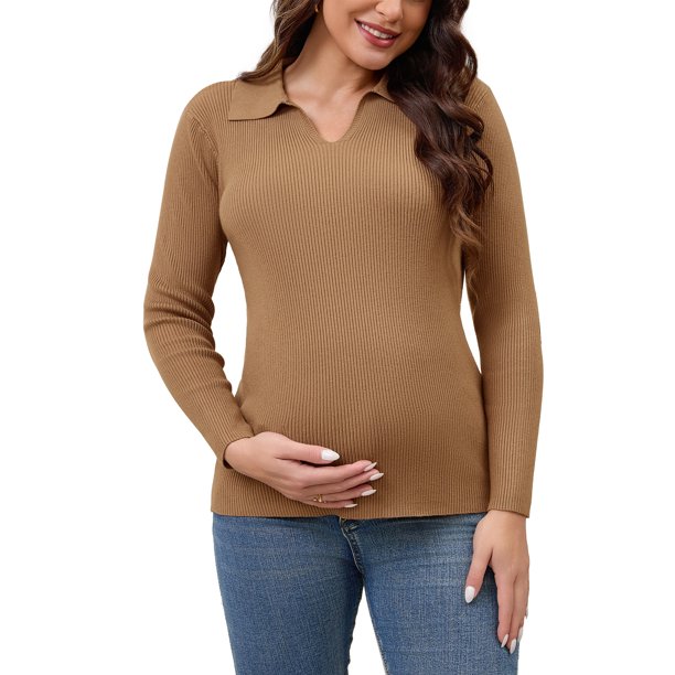 INSPIRAR CHIC Blusas de Maternidad para Mujeres, Suéter de Manga Larga, Cuello en V, Blusa Tunic, Ropa de Embarazo 2XL Marrón