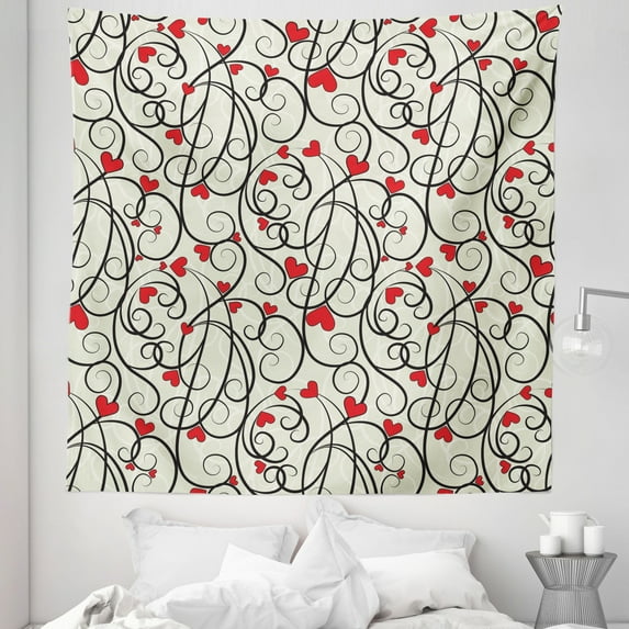 Summer Tapestry, Wave Floral Heart Summer Swirl Illustration Flourishes Foliage Classical, Fabric Wall Hanging Decor for Bedroom Living Room Dorm, 5 Sizes, Eggshell Vermilion Black, by Ambesonne