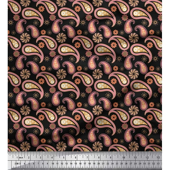 Soimoi Black Japan Crepe Satin Fabric Floral & Paisley Printed Craft Fabric by the Yard 42 Inch Wide