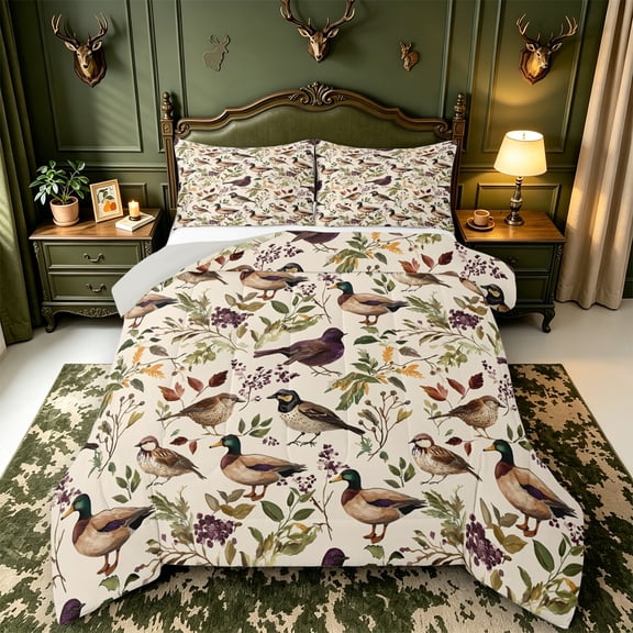 Manfei Green Billed Waterfowl Print Full Size Comforter Sets,Vintage Mallard Duck Bedding Comforter Set,Light Gray Reversible,3-Piece,1 Comforter and 2 Pillowcases