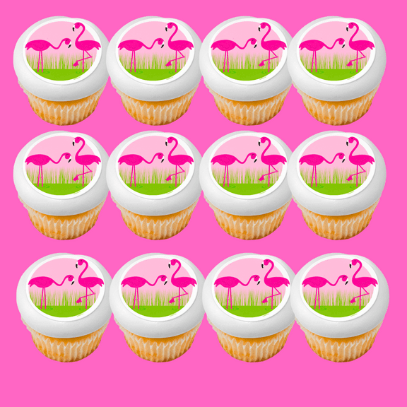 Pink Flamingos 12 - 2 inch Cupcake Cookie Edible Frosting Photos Image Dessert Decoration Toppers