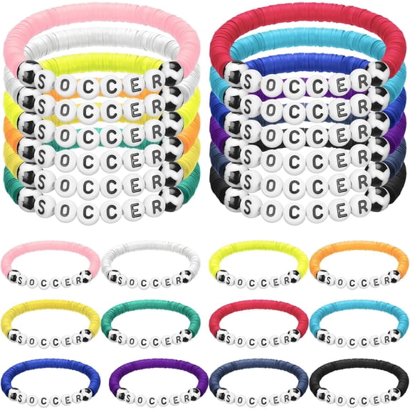 24 Pcs Soccer Party Favor Gift Bracelets Stackable Clay Beaded Bracelets Soccers Beaded Ball Adjustable Jewelry for Soccer Event Sports Gifts Supplies