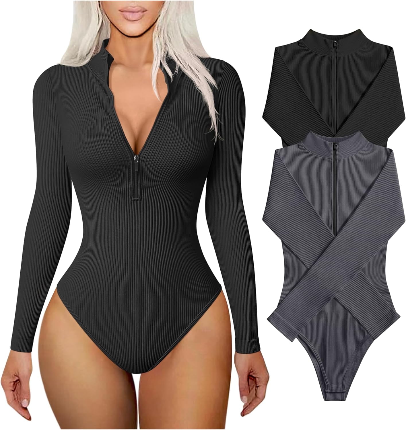Women's 2 Piece Bodysuits Sexy Ribbed One Piece Zip Front Long