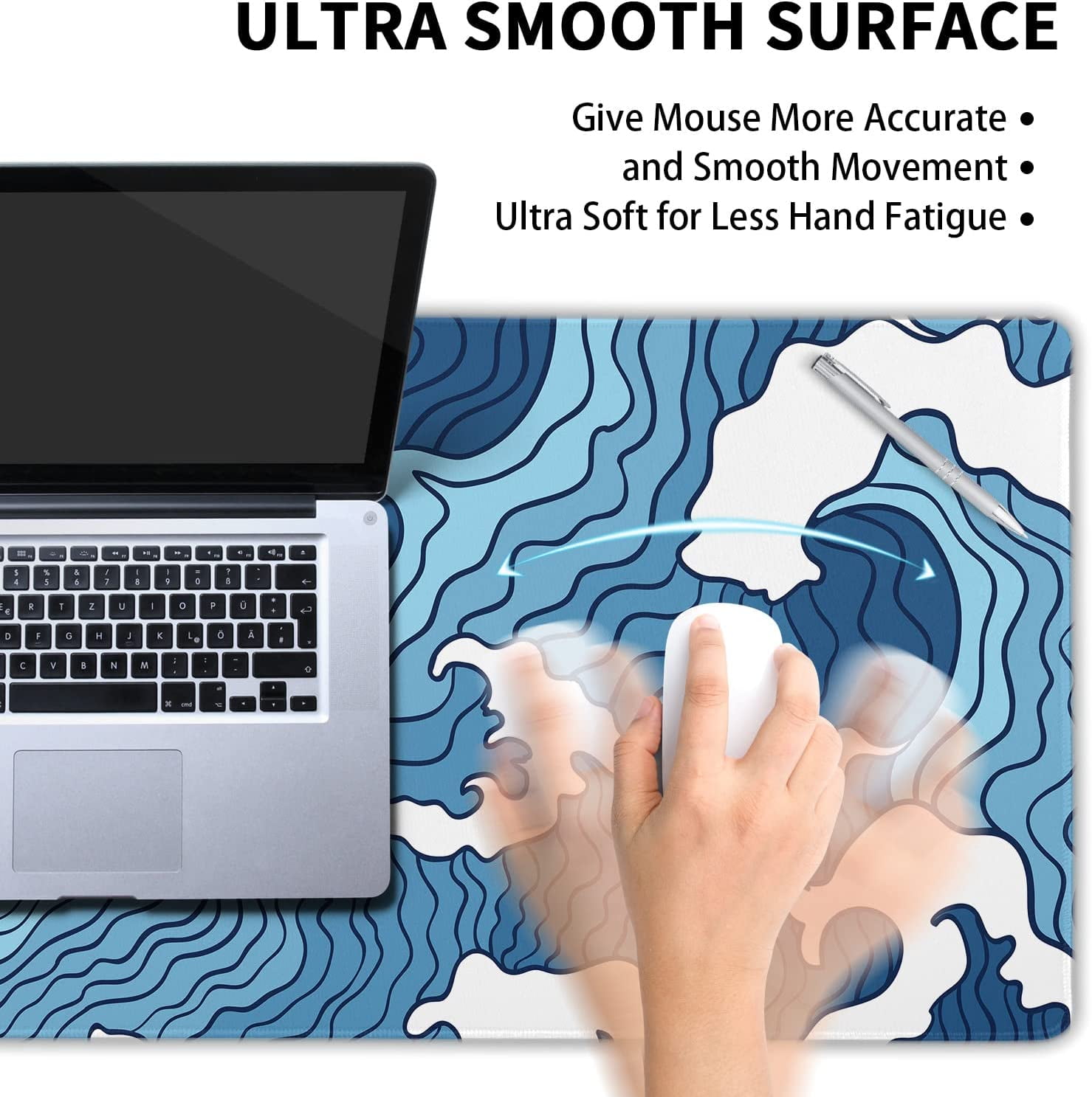 Japanese Blue and White Wave Gaming Mouse Pad XXL Anime Sea Texture Extended Large Desk Mat Big Mousepad Non-Slip Rubber Base Stitched Edge Long Mousepad for Desktop PC Computer Gamer, 35.4 x 15.7 in