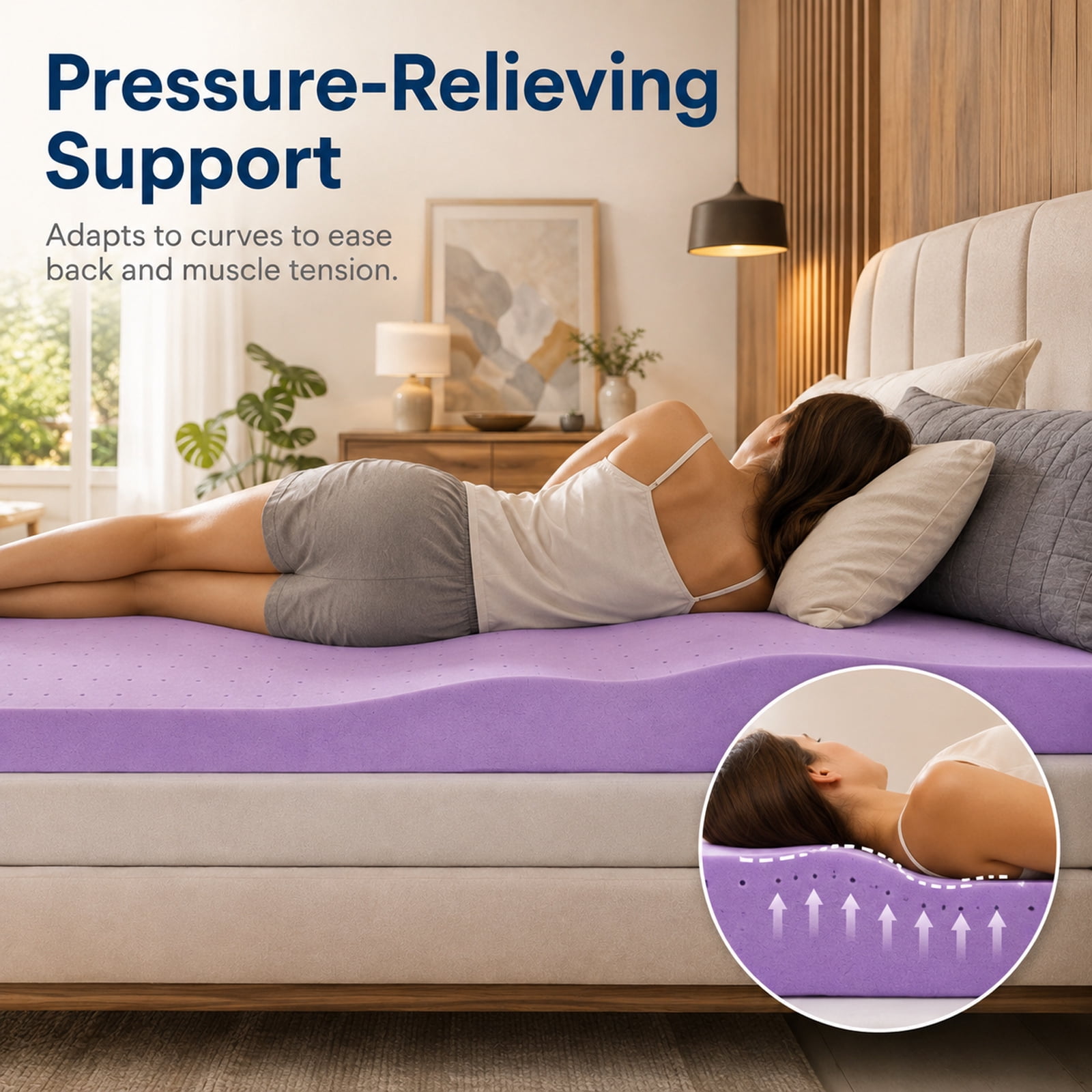 Alvantor 3 Inch Cooling Gel Memory Foam Mattress Topper Pressure Relief Pad, Ventilated Design Bed Topper, Purple