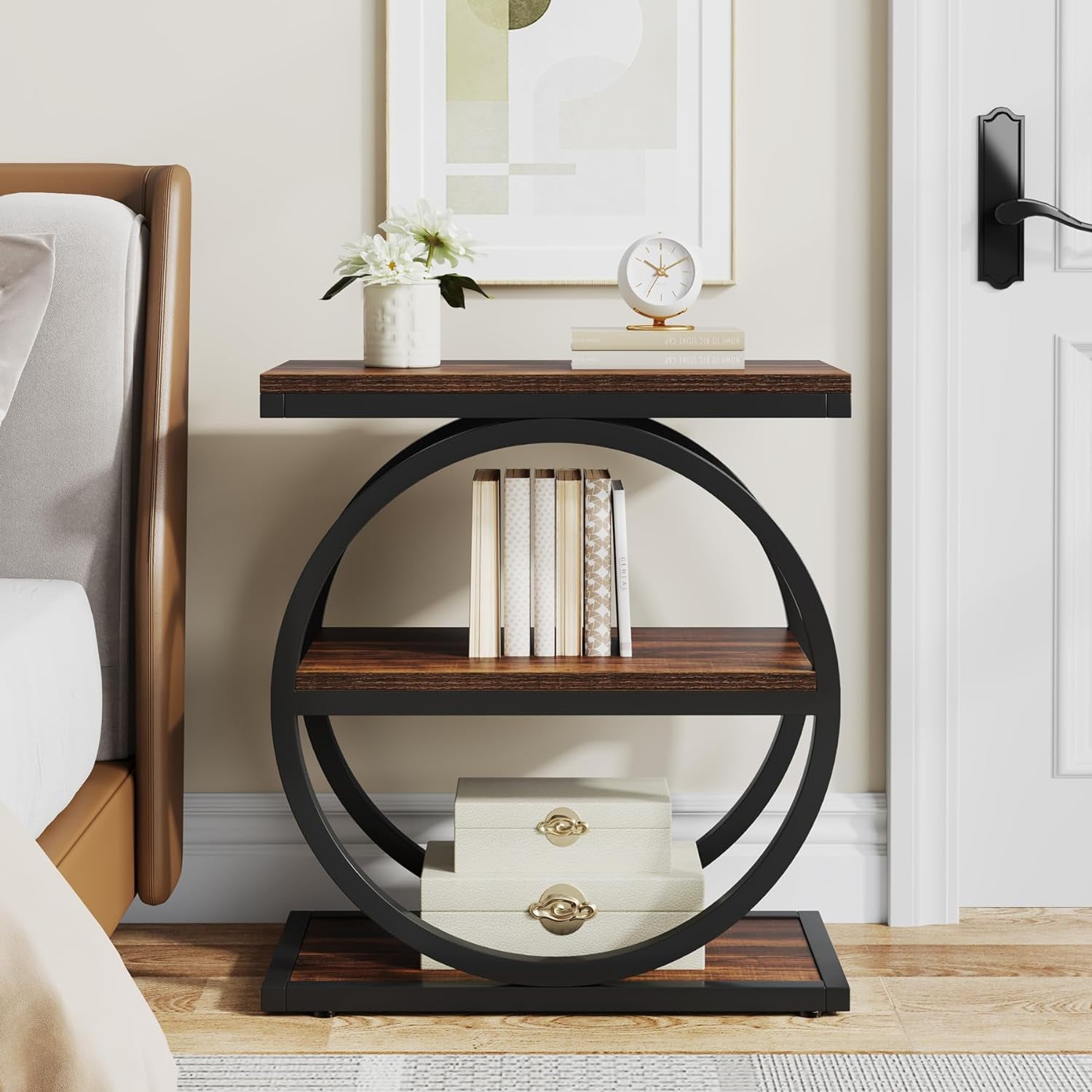 Tribesigns End Table, Wood Side Table with Black Metal Frames, Narrow End Table with 3 Storage Shelves for Living Room