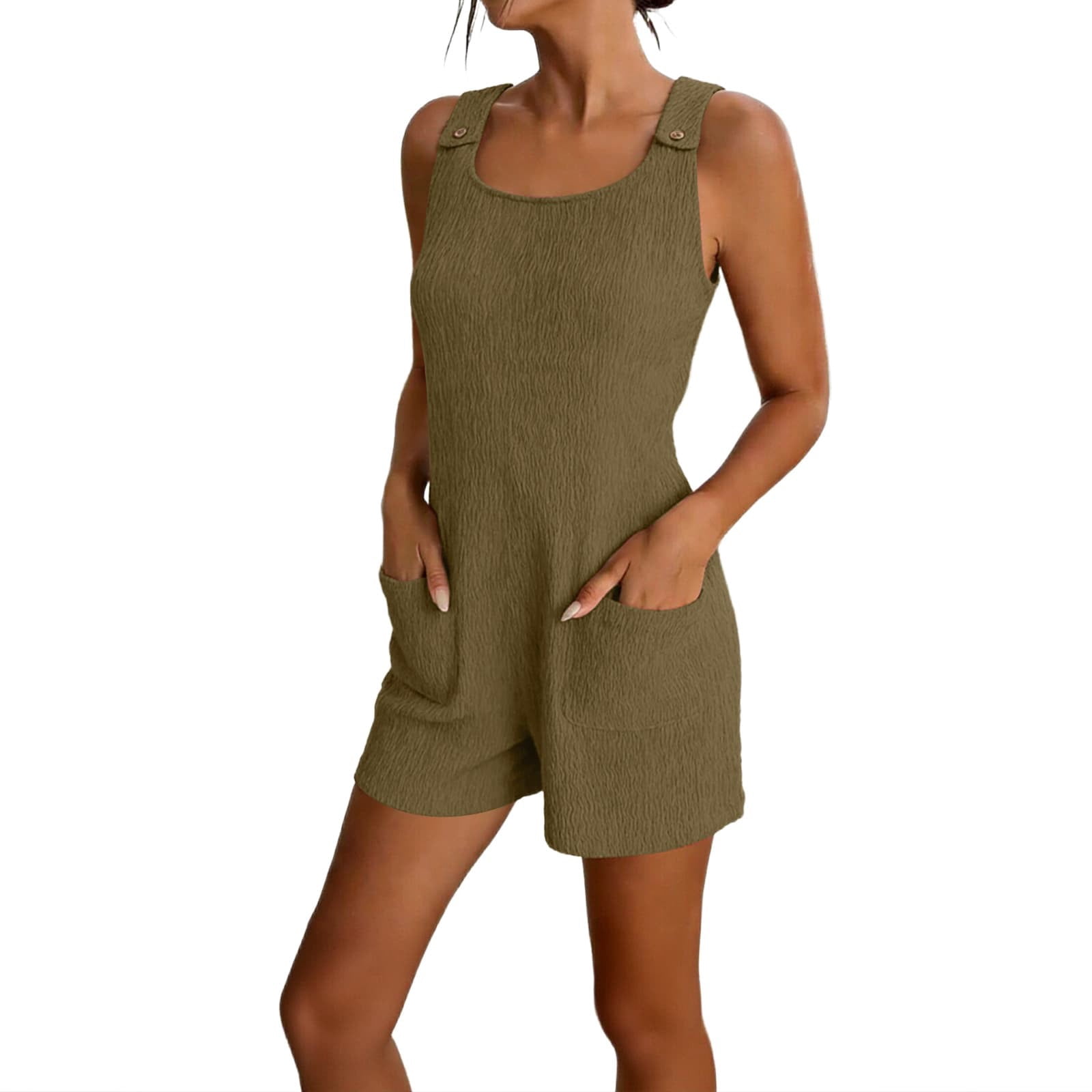 Feancey Women's Short Overalls Summer Sleeveless Loose Romper Shorts Lightweight Casual One Piece Jumpsuits with Pockets for Beach Vacation Army Green 3XL