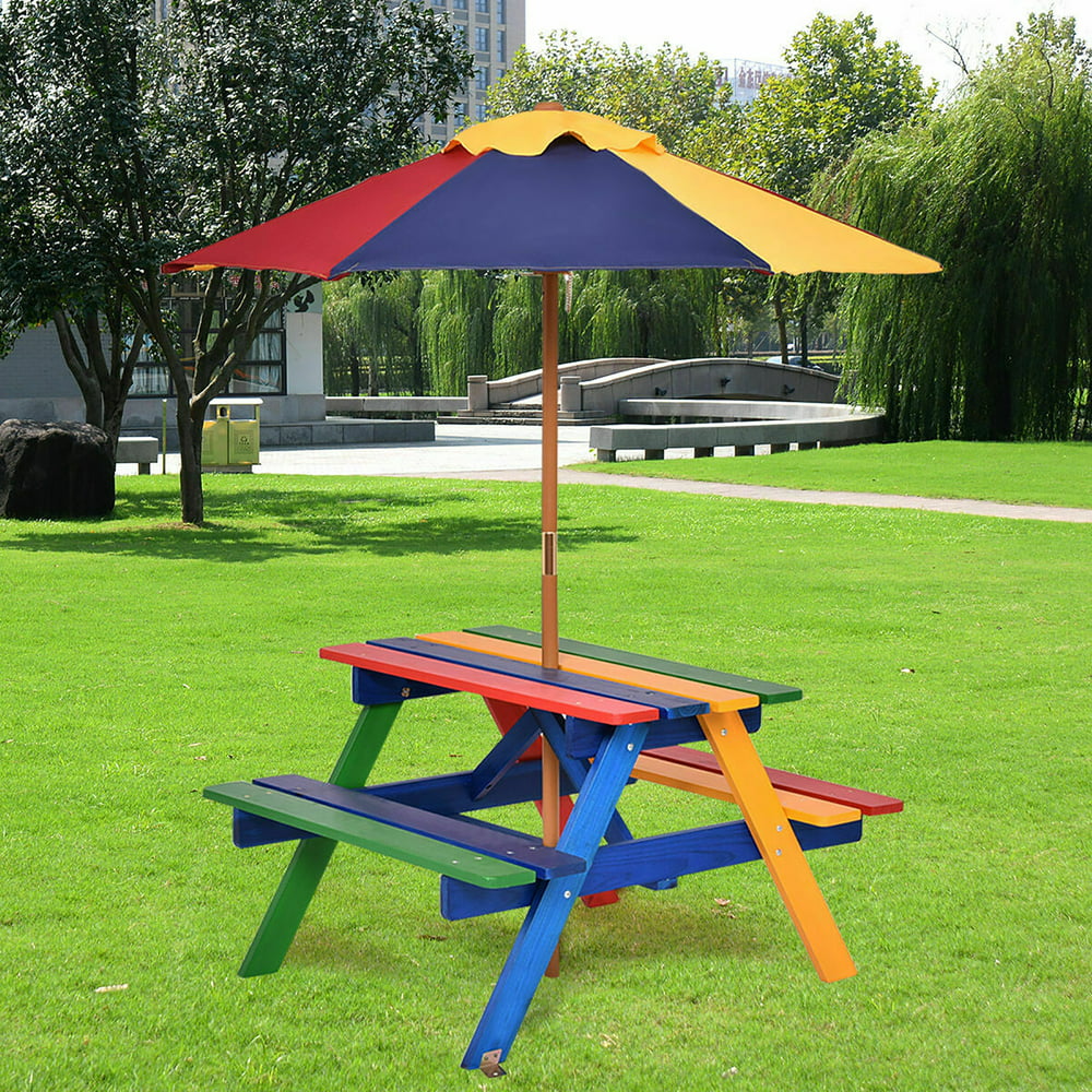 Childrens wooden picnic table with umbrella