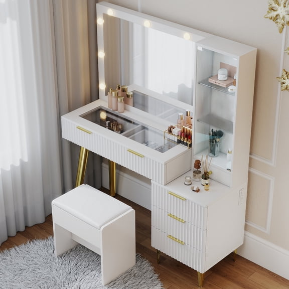 Fluted Makeup Vanity Desk, Modern Vanity Table with 9 LED Lights 3 Adjustable Colors Tempered Glass Top 5 Drawers Storage, with Power Outlet, for Bedroom White