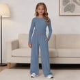 thumbnail image 5 of UACY Girl's 2 Piece Matching Lounge Set Long Sleeve Side Ruching Top Wide Leg Drawstring Pants Set with Pockets, 5 of 9