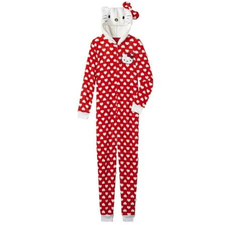 Womens Red Polka Dot Hello Kitty Union Suit Heart Cat Sleeper Pajamas