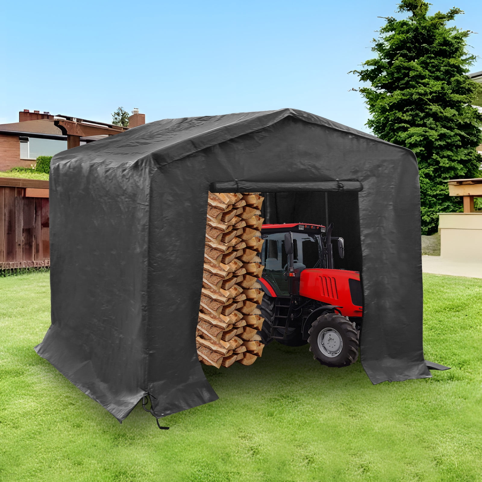Black PE Steel Frame 2.4 * 2.4 * 2.4m Carport Tarpaulin Metal Frame Storage Shed Outdoor Garage