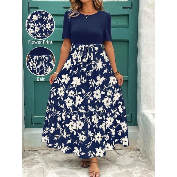 Navy Blue Floral Print Tiered Maxi Dress With Tie Waist And Short Sleeves For Women