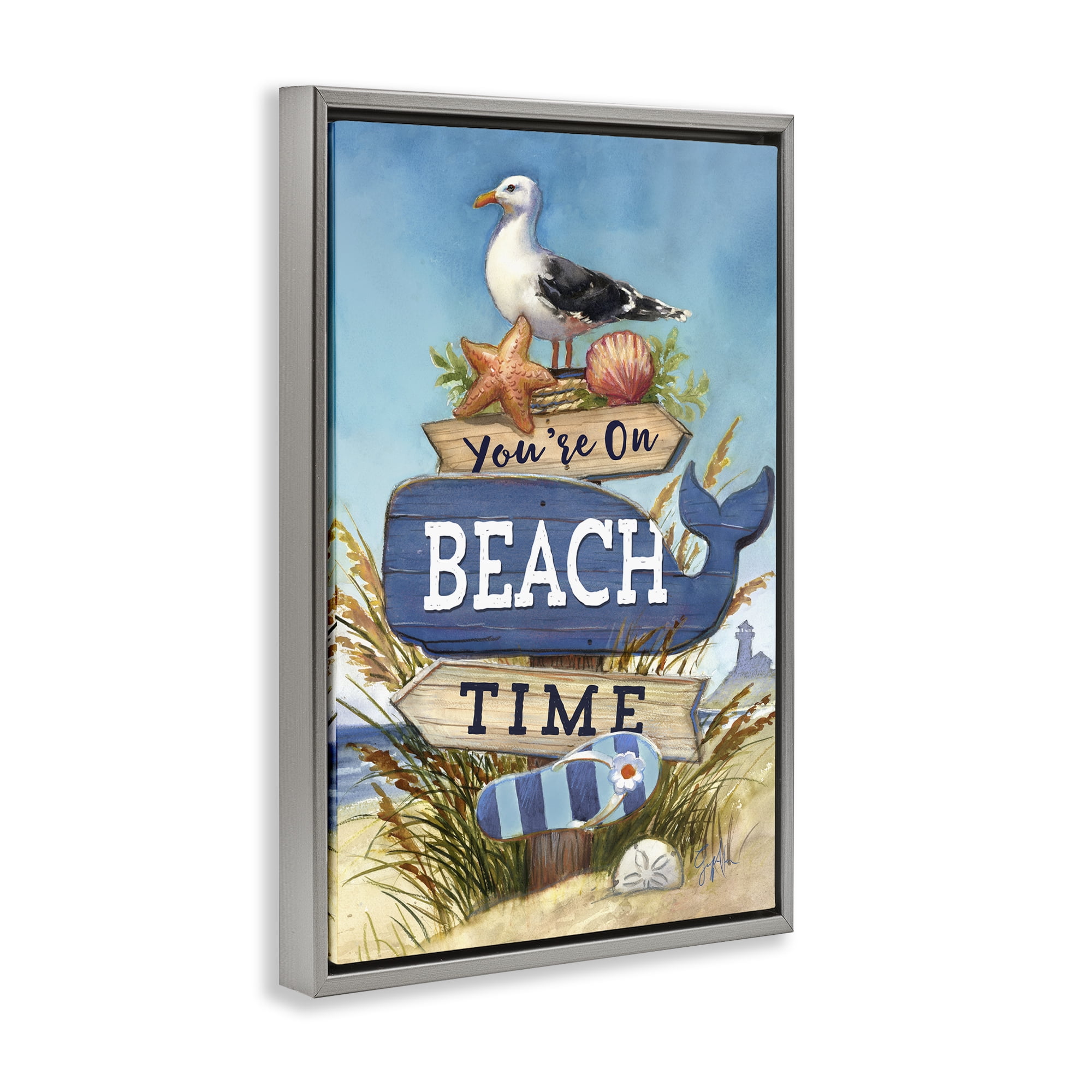 Stupell Industries On Beach Time Sign Nautical & Beach Painting Gray Floater Framed Canvas Art Print Wall Art, 17 x 25