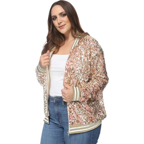 Women's Plus Size Sequin Bomber Jacket- 3X,Champagne