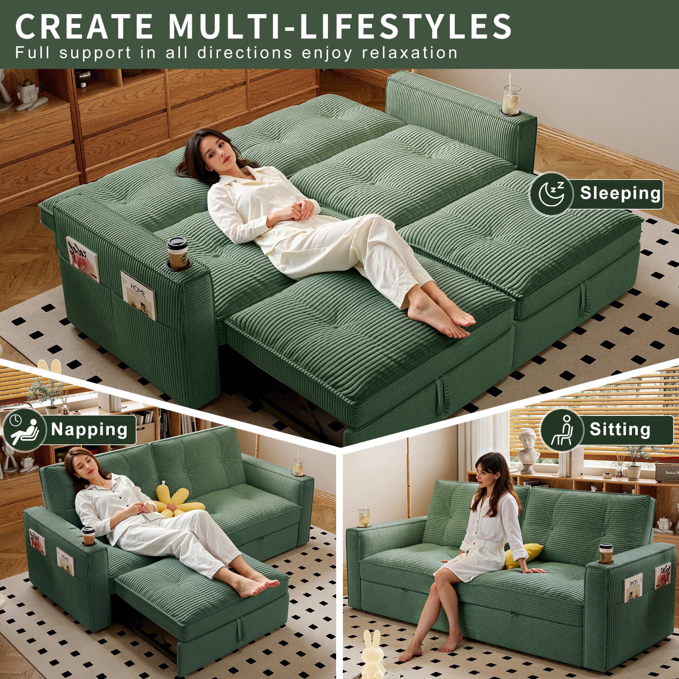 73" Sleeper Sofa,Queen Size Sofa Bed with Pull Out Bed, 2 Seater Convertible Small Couch with Pockets and Cup Holders, Modern Living Room Bedroom Apartment,Corduroy,Green