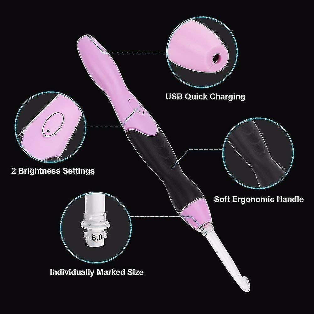 Lighted Crochet Hook Set - 9 Size Interchangeable Heads 2.5mm To 6.5mm With Ergonomic Grip Handles, Rechargeable Lighted Crochet Hooks Complete Set Fo