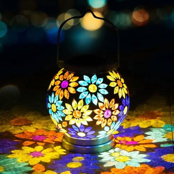 VOREEN Mosaic Floral Pattern Glass Solar Outdoor Hanging Lanterns, Waterproof