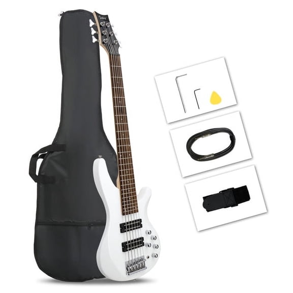 44 Inch GIB 6 String H-H Pickup Laurel Wood Fingerboard Electric Bass Guitar with Bag and other Accessories White