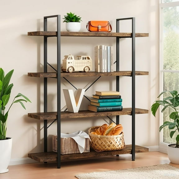 PulseFay Heavy Duty 4-Tier Industrial Bookcase, 47" Wide Wood Bookshelf for Home Office, 120lbs Shelf Capacity, Rustic Open Shelving Display with Reinforced Horizontal Shelf for Living Room Bedroom