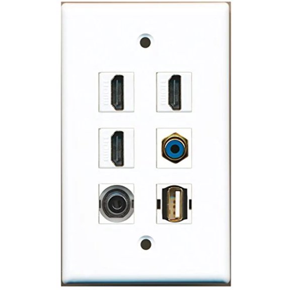 RiteAV - 3 HDMI 1 Port RCA Blue 1 Port USB A-A 1 Port 3.5mm Wall Plate