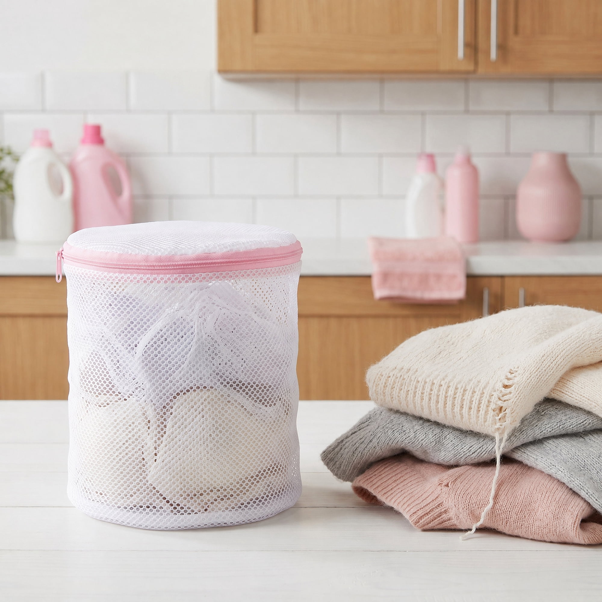 Unique Bargains 3Pcs Durable Mesh Zipper Closure Laundry Bags White-Pink 5.9" x 6.3"