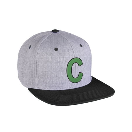 Original Flatbill Snapback Wool Blend Custom Initial Letters A to Z Grey Black Hat Black Green Letter C
