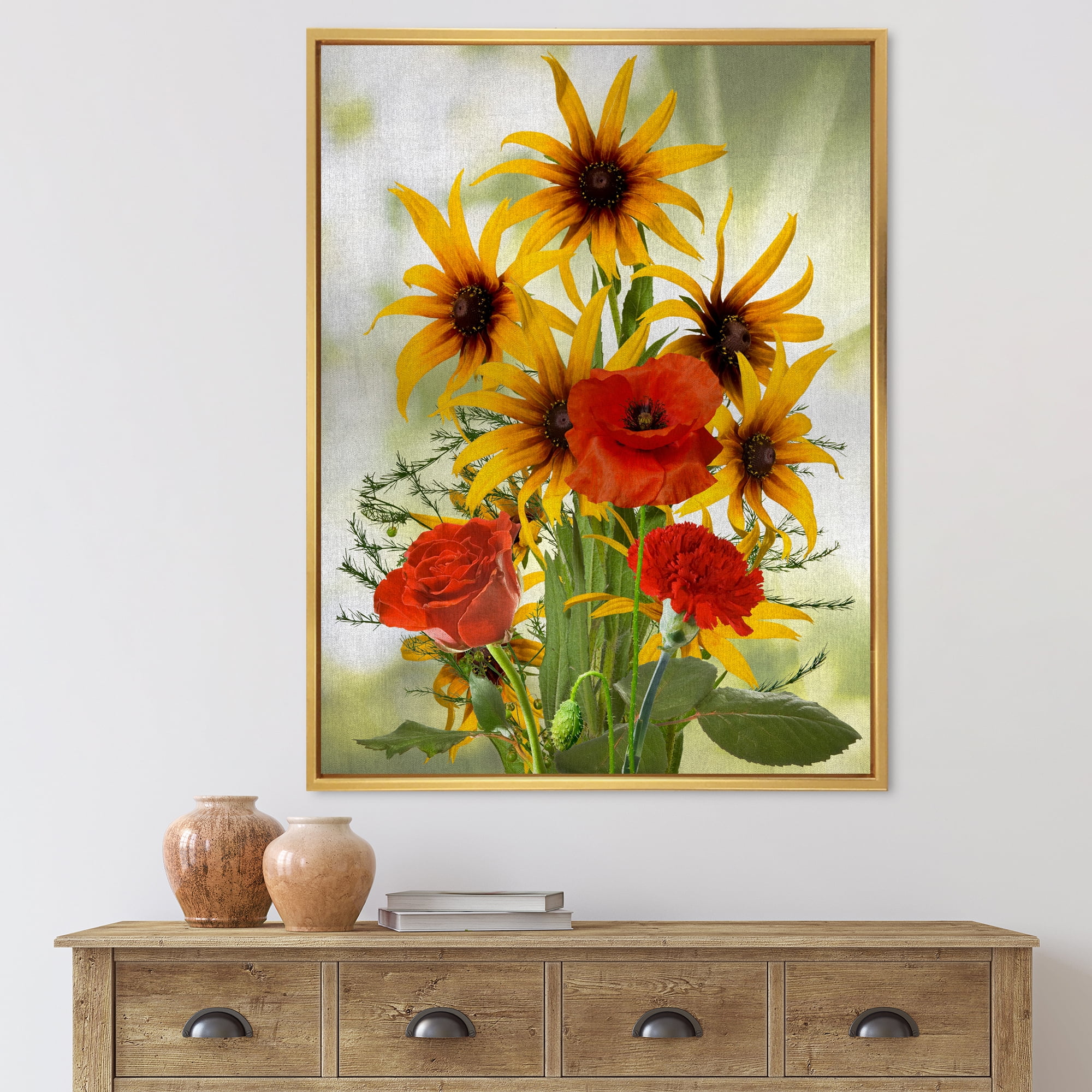 Designart 'Poppies and Sunflowers In The Wild' Traditional Framed Canvas Wall Art Print