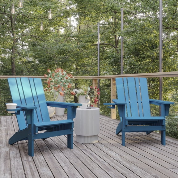 BizChair Adirondack Chair with Cup Holder, Weather Resistant HDPE Adirondack Chair in Blue, Set of 2
