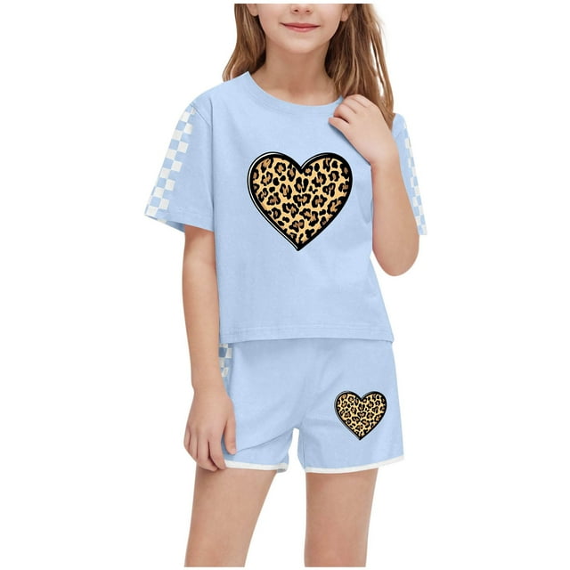 IFNWSV Ensembles d'Été pour Filles Mode Décontractée Manches Courtes Col Rond Col Bouton Imprimé Ensembles de Shorts 5 Ans