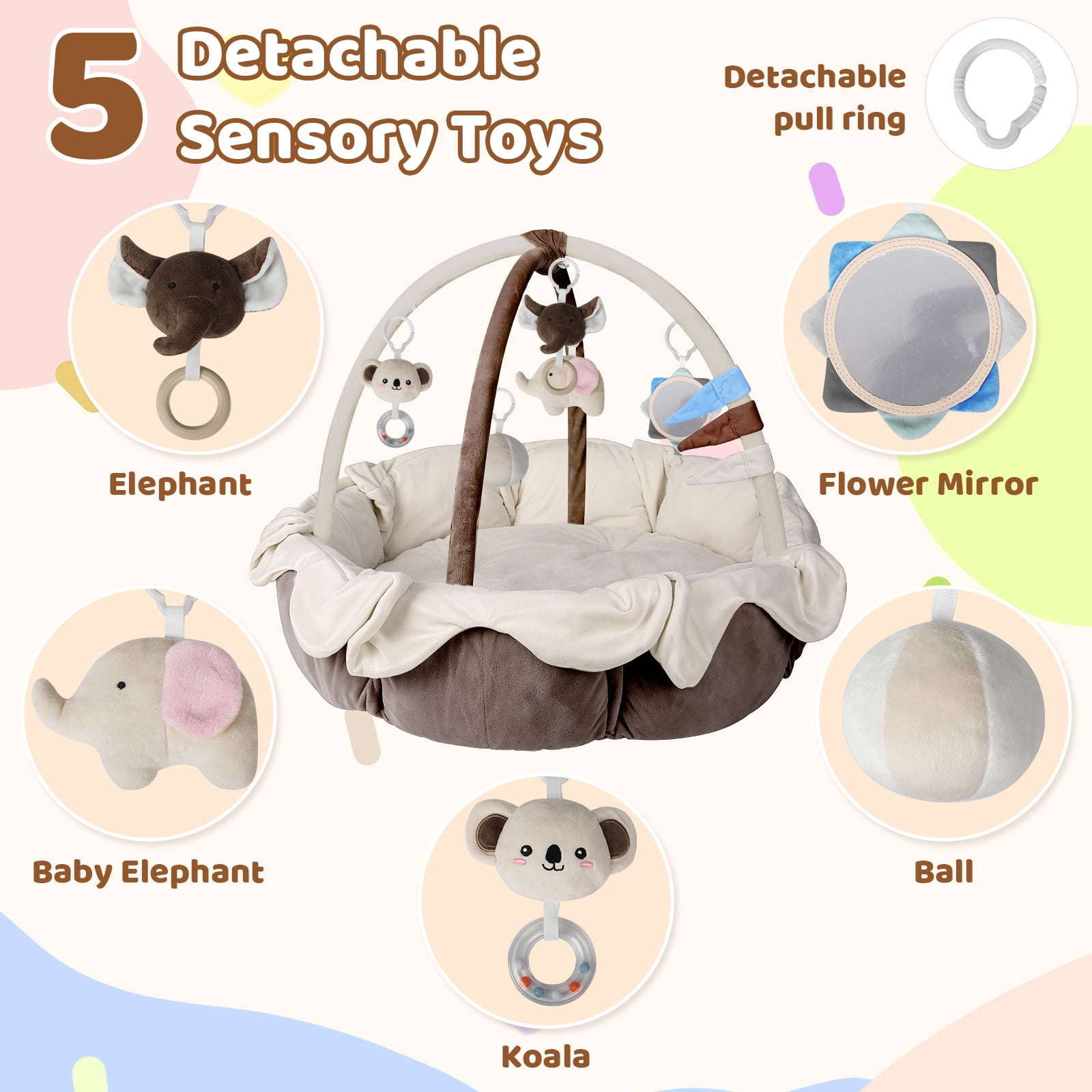 OMZER 5-in-1 Multifunctional Baby Play Gym, Washable Activity Mat with Sensory Toys, Non-Slip Baby Playmat, Beige