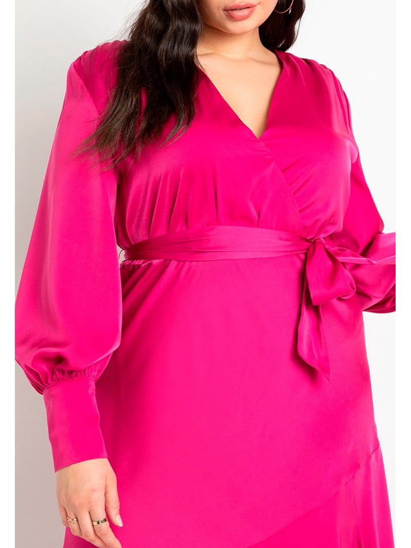 satin maxi dress plus size Black Plus Satin Plunge Blouson Sleeve Maxi Dress