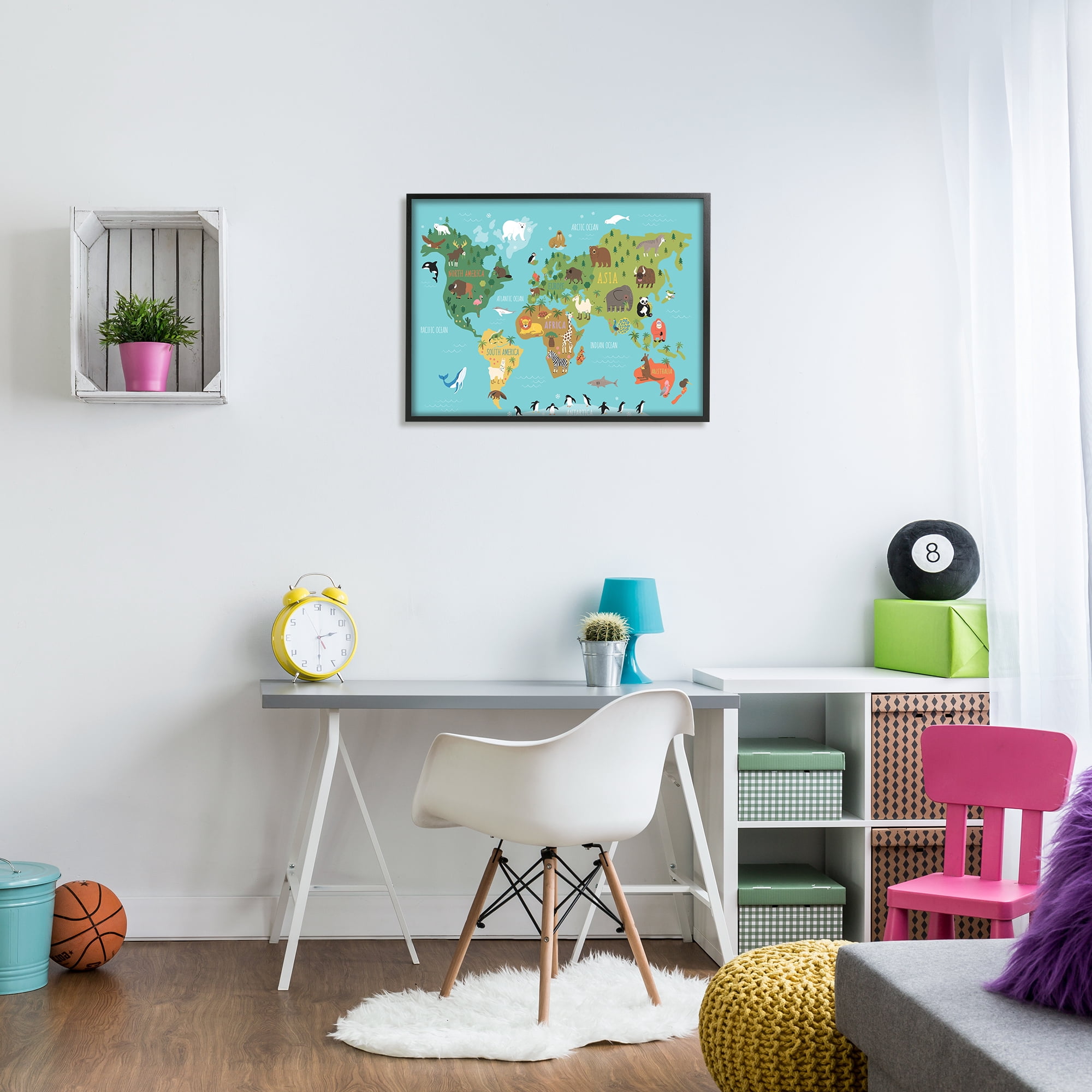 Stupell Industries Country Animals World Map Continents Wildlife Diagram Graphic Art Black Framed Art Print Wall Art, Design by Abi Hall