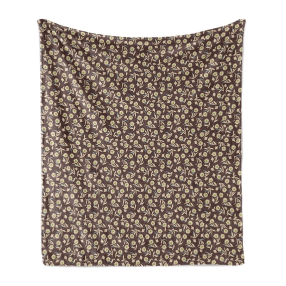 Floral Soft Flannel Fleece Throw Blanket, Vintage Style Demonstration of Fall Season Tones Flowers Illustration, Cozy Plush for Indoor and Outdoor Use, 60" x 80", Umber Green and Blue, by Ambesonne