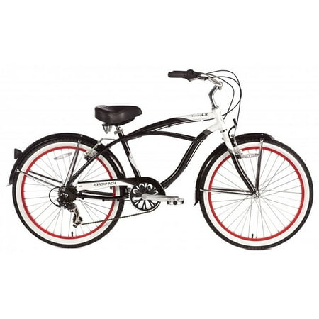 Red Beach Cruiser - Micargi Tahiti LX 7 Speed Aluminum, Black with Red Rims - Men's 24