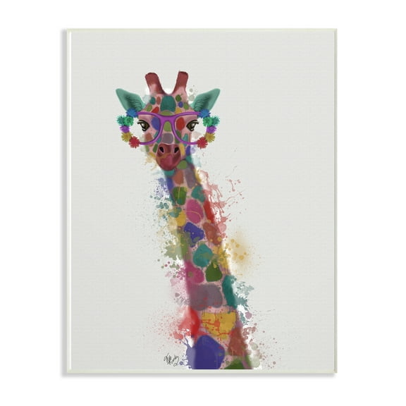 The Stupell Home Decor Collection Rainbow Splash Giraffe in Glasses Oversized Wall Plaque Art, 12.5 x 0.5 x 18.5