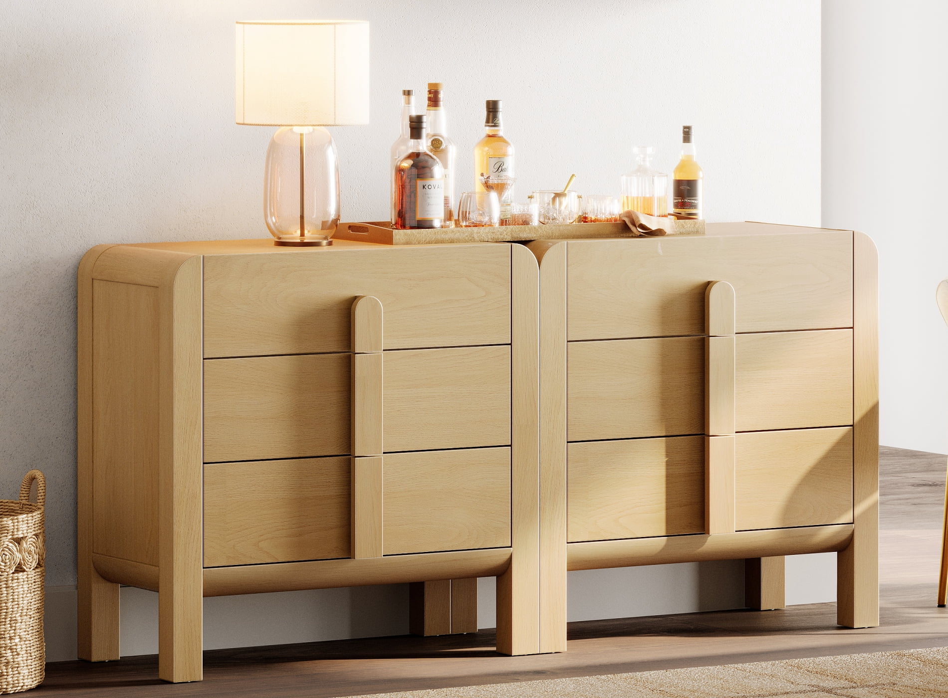 3 Drawer Curved Dresser for Bedroom Set of 2, Mid Century Modern Chest of Drawers, Wood Storage Dresser Organizer for Bedroom Living Room Hallway Closet