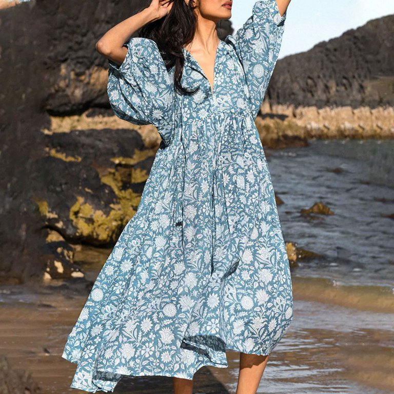 yocbz Summer Dresses for Women Women Fall Dresses 2025 Long Sleeve Solid  Color Crew Neck Long Wedding Guest Dress Blue,Size for XL - Walmart.com