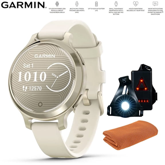 Garmin 010-02891-00 Lily 2 Active Smartwatch Lunar Gold with Bone Silicone Band Bundle with Workout Cooling Sport Towel and Deco Essentials Wearable Commuter Front and Rear Safety Light