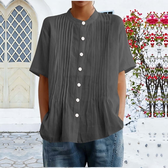 Homenesgenics Tops for Women Plus Size Fashion Spring/Summer Short Sleeve Round Neck Cotton-Linen Blend Button-Down Cardigan Solid Color Pleated Top Shirt Gray XXL